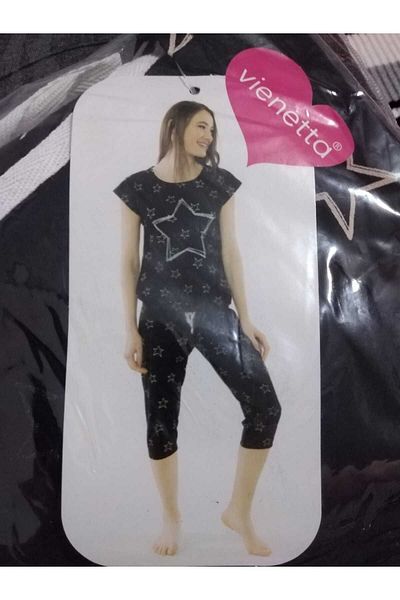VİENETTA Set de pijamale din bumbac Capri, cu mânecă scurtă, cu model de stea, negru, pentru femei