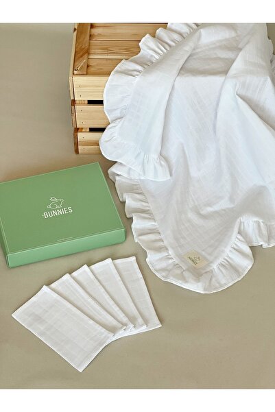 Jr Bunnies White Ruffled Multi-Purpose Muslin Cloth & Handkerchief Set
