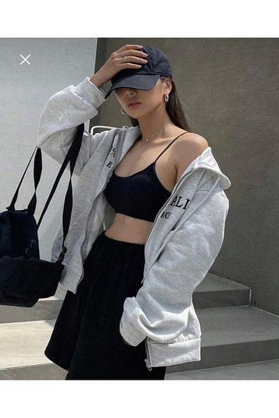 BYMEER Vitality Printed Gray Hooded Zippered Cardigan Sweatshirt