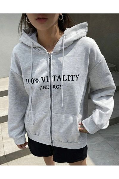 BYMEER Vitality Printed Gray Hooded Zippered Cardigan Sweatshirt