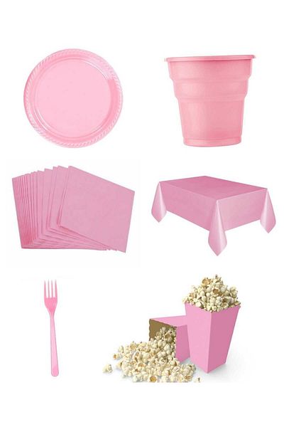 asöy Birthday Disposable Pink Plate Cup Fork Corn Box Tablecloth Set Disposable