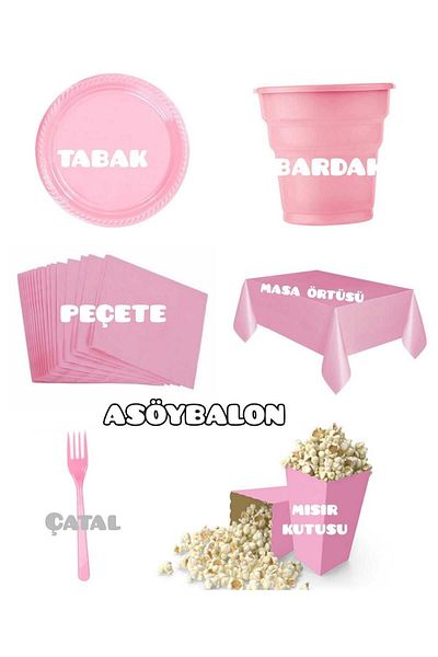 asöy Birthday Disposable Pink Plate Cup Fork Corn Box Tablecloth Set Disposable
