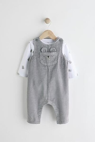 Next Baby %100 Pamuklu Gri Ayı Desenli Salopet Body Zıbın Set