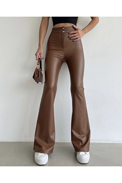 KAŞİHA Kahve Deri  İspanyol Paça Çift  Düğmeli Esnek Kadın Deri pantolon (İÇ ...