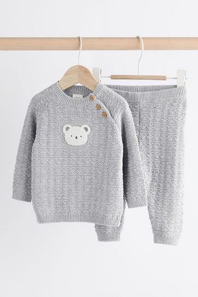 Next Baby Gray Bear Patterned 100% Cotton Knitwear Long Sleeve Set