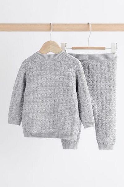 Next Baby Gray Bear Patterned 100% Cotton Knitwear Long Sleeve Set