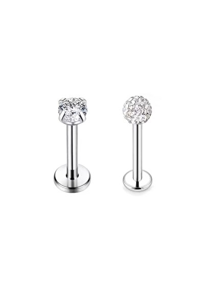 Jaida Moda Unisex Gümüş Taşlı 2'li Set Tragus Helix Labret Çelik Piercing