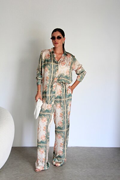 Julidress Julidress Women's Satin Premium Shirt and Pants Set - Multicolor and Special Pattern