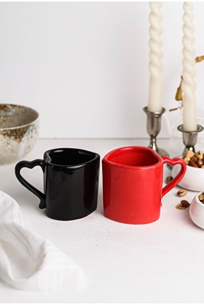 LALEZEN HOME Siyah kırmızı  sevgili kupaları kalp model