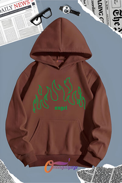 oneagılyazı سويت شيرت بغطاء للرأس من ANGEL GREEN - مطبوع عليه لهب