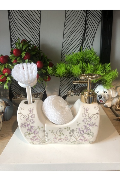 Atak Hediyelik Porselen lavin fırçalı süngerlik sıvı sabunluk