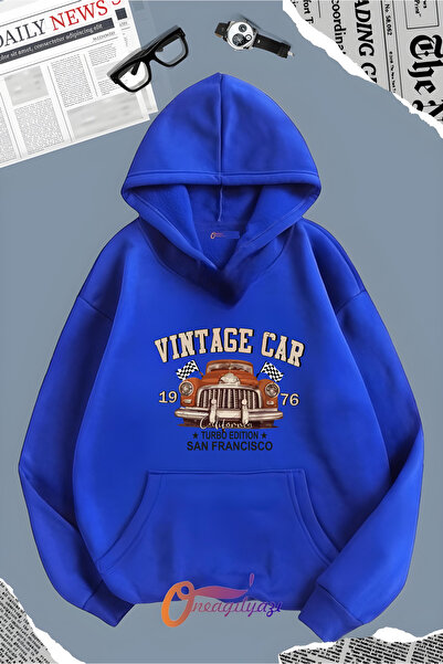 oneagılyazı سويت شيرت بغطاء للرأس مطبوع عليه سيارة عتيقة