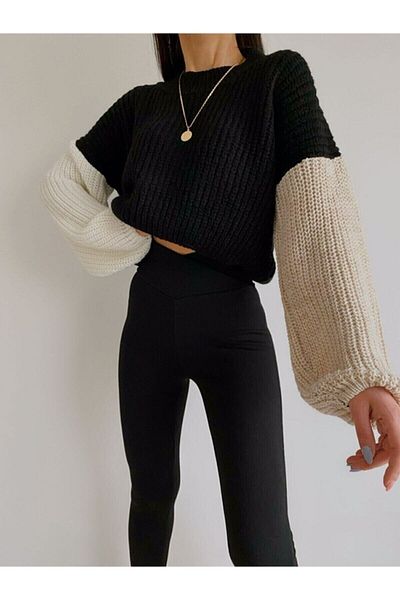 ÖZAK MODA Women's Color Blocked Black Sweater