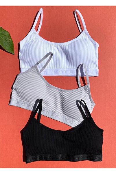 VicTroy Αθλητικό σουτιέν Camisole με λεπτές τιράντες, 3 τμχ βαμβακερά μαύρα, λευκά και γκρι αφαιρούμενα μαξιλαράκια