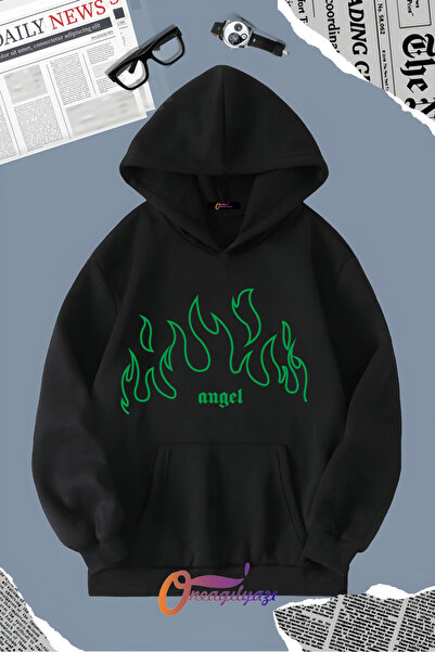 oneagılyazı ANGEL YEŞİL Hanorac cu glugă tricou - Imprimat cu flăcări