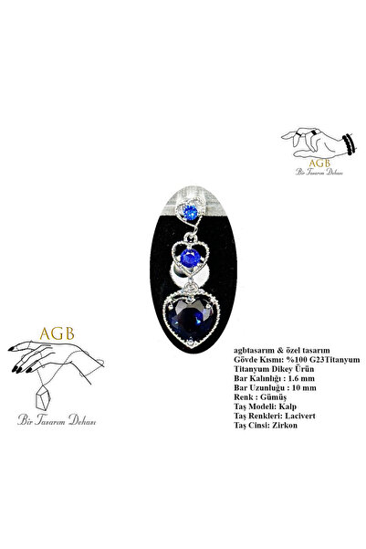 agbtasarım ZİRKON TAŞLI "SİNGLE" 3'LÜ KALP FİGÜRLÜ LACİVERT TEKTAŞLI GÖBEK Pİ...