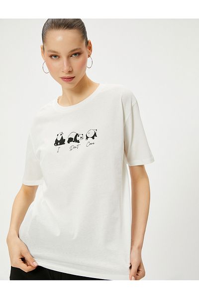 Koton Μπλουζάκι Panda με στάμπα, κοντό μανίκι, βαμβακερό λαιμόκοψη