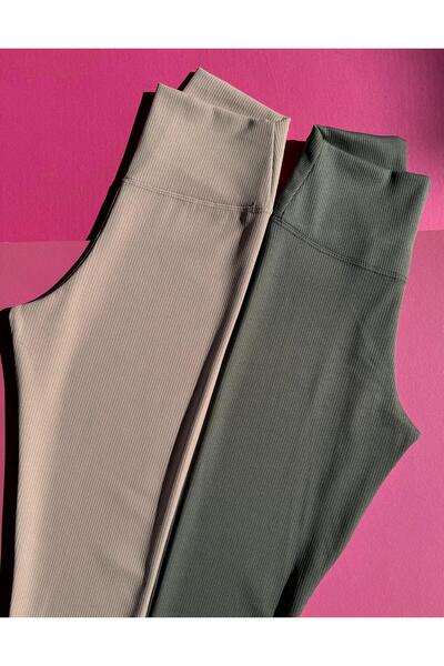 VicTroy High Waist and Recovery Women's Leggings - Camisole Fabric, 2-piece (Cream and Green) Extra Stretchy
