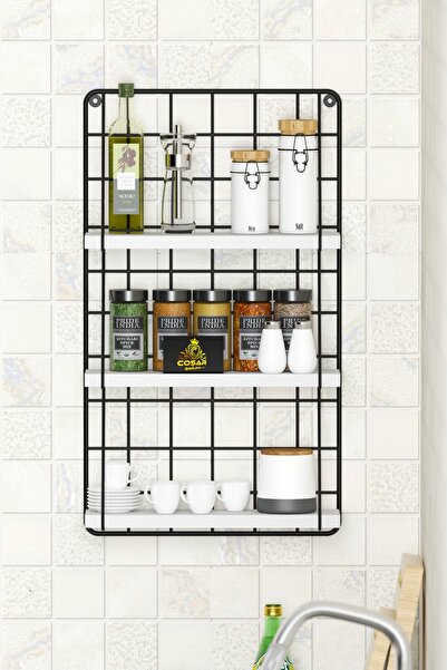 Cosargroup 3 Katlı Dekoratif Duvar Rafı  Metal Mutfak Rafı Baharatlık Düzenleyici Organizer Ahşap Raf Beyaz