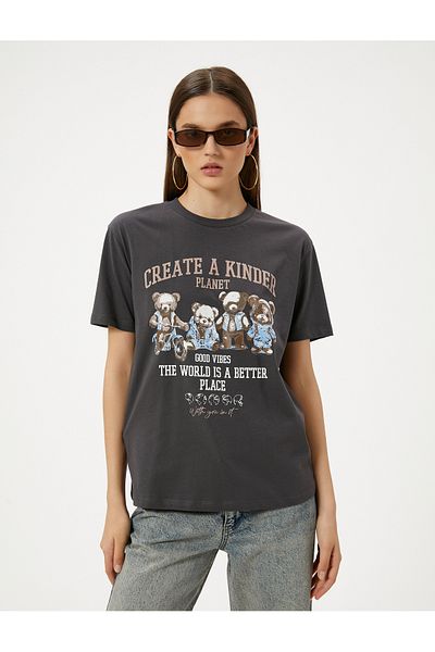 Koton Cotton Teddy Bear Printed Comfortable T-Shirt - Short Sleeve, Crew Neck