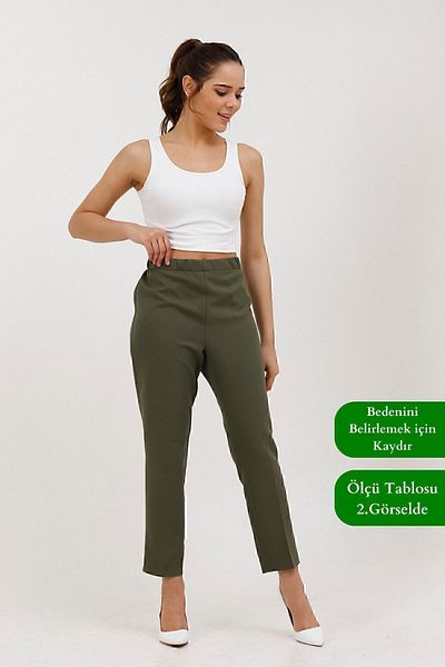 Balenbi High Waist 1005 Model Lycra Khaki Women's Trousers - Carrot Leg