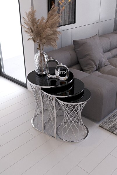 Nies Aksesuar Hasır Telli 3'lü Zigon Sehpa Gümüş Ayak Siyah Cam