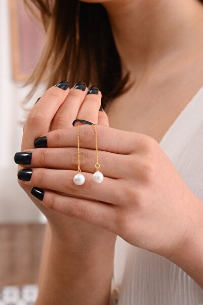 Amberistan Altın Kaplama 925 Ayar Gümüş Zincir Gerçek Inci Küpe