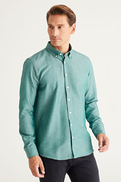 AC&Co / Altınyıldız Classics Ανδρικό πουκάμισο Green Slim Fit Oxford - Easy Iron, Γιακάς με Κουμπιά, Βαμβάκι