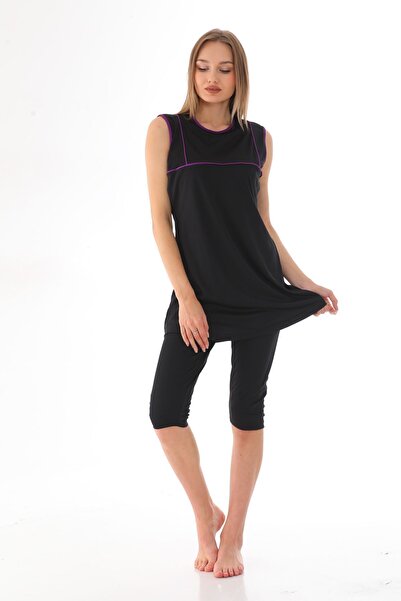 miss ledonna Μαύρο γυναικείο μαγιό με μηδενικά μανίκια και μωβ ρίγες