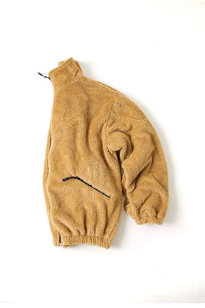 JAKARLI Unisex Oversize Φλις με φερμουάρ με διπλή τσέπη Bato Collar βελούδινο Teddy φούτερ