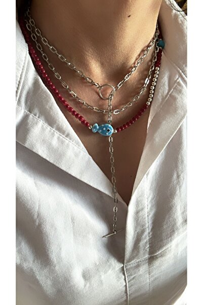 by özllem مجموعة قلادة من الخرز الزجاجي والبورسلين على شكل سمكة محظوظة