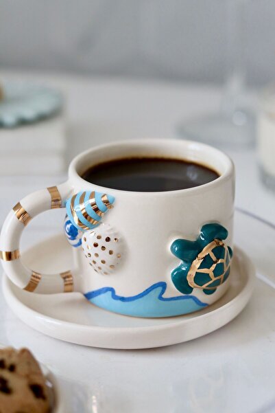 ada mia seramik El yapımı Okyanus Temalı Seramik Mug 24K Gerçek Altın Dekorlu 170ml