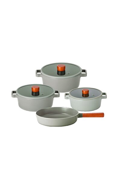 NEOFLAM Fika Gri Alüminyum Döküm Cam Kapaklı 7 Parça Tencere & Tava Seti 18d2...