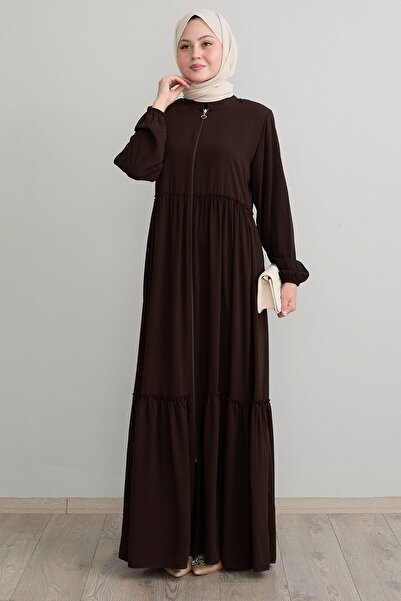 InStyle Bitter Brown Zippered Gather Detailed Ferace