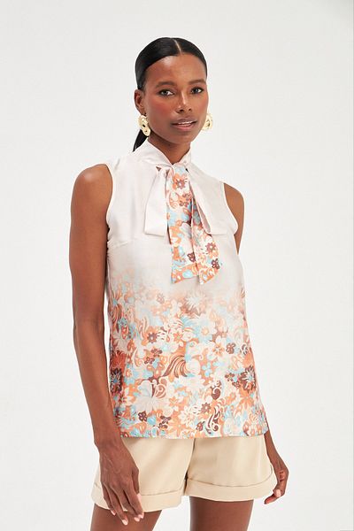 Sateen Beige Patterned Flare Sleeveless Blouse