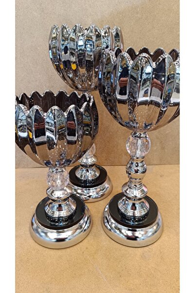 DEKOR ZÜCCACİYE HOME 3 Lü Kristal Gümüş Cam Şamdan