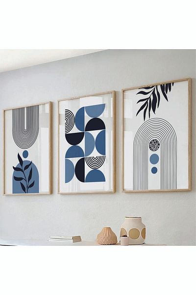 woodhomeworks Pictură abstractă din 3 piese cu cadru din lemn Acasă Casa Sufragerie Sufragerie Dormitor Balcon Qmrc45