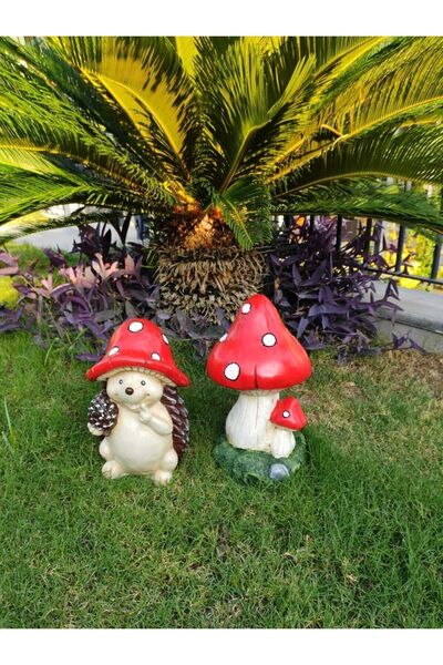 SZN DEKOR Ikili Bahçe Heykeli, Mantar Ve Kirpi Heykeli , Biblo