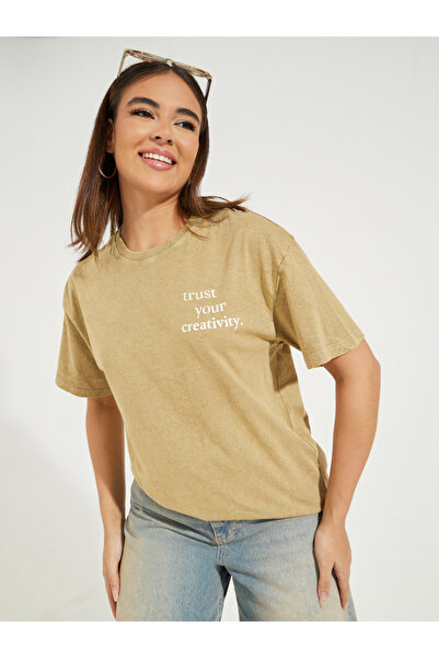 Styli Acid Wash Oversized Slogan Print T-Shirt