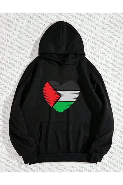 aynewmoda Palestinian Palestine - Hanorac oversize unisex cu glugă cu imprimeu cu steagul inimii