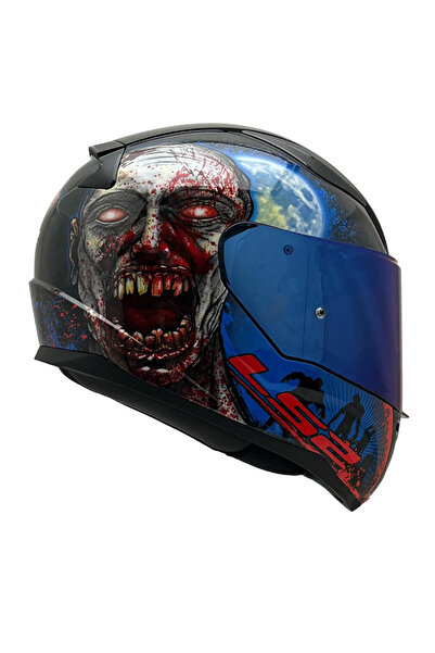LS2 Rapıd 2 Zombıe Siyah-kırmızı Kask Mavi Cam-şeffaf Cam Hediye