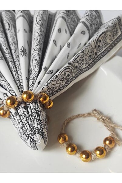 BEYHAN BAYHAN 4 Adet Dekoratif Jüt Ipli Gold Incili Halka 4 cm - Peçete Yüzüğ...