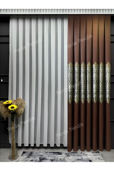 Perde Pendik Lüks Çiçek Desen Avangart Kiremit Tarçın Renk Fon Perde SIK KANU...