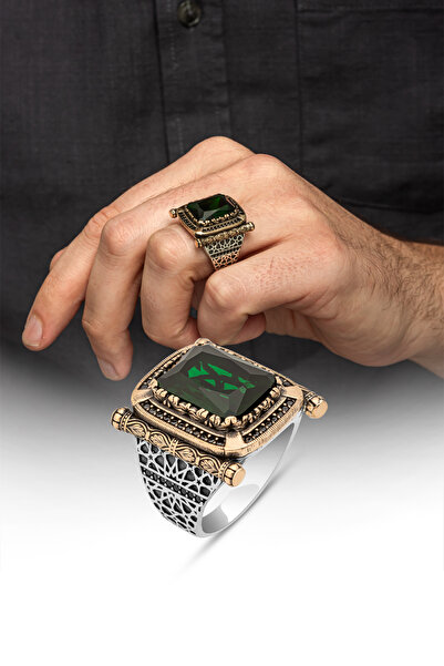 ALYANSEVİM Kare Yeşil Taşlı 925 Gümüş Erkek Yüzük