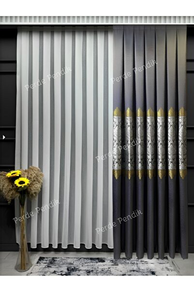 Perde Pendik ستارة طليعية فاخرة منقوشة بالزهور باللون الرمادي الداكن - بطارية قانونية ضيقة (جنحة واحدة)