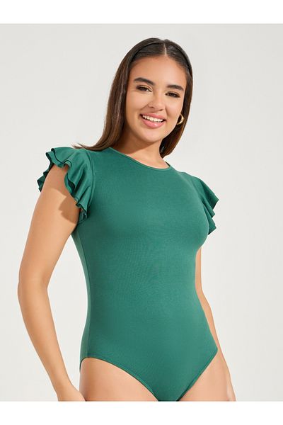 Styli Solid Round Neck Frill Sleeve Bodysuit