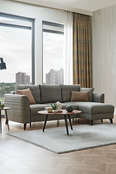 Enza Home Grace Yataklı Büyük Köşe Takımı, Kadife Dokulu - Kahve Yeşil