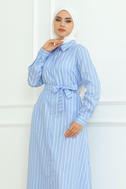 Eliva Baby Blue Satin - Μακρύ Λευκό Ριγέ Μουσουλμανικό Φόρεμα