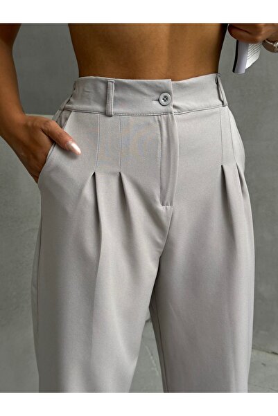 BEJNA Γυναικείο παντελόνι Palazzo με λεπτομέρεια σε γκρι χρώμα