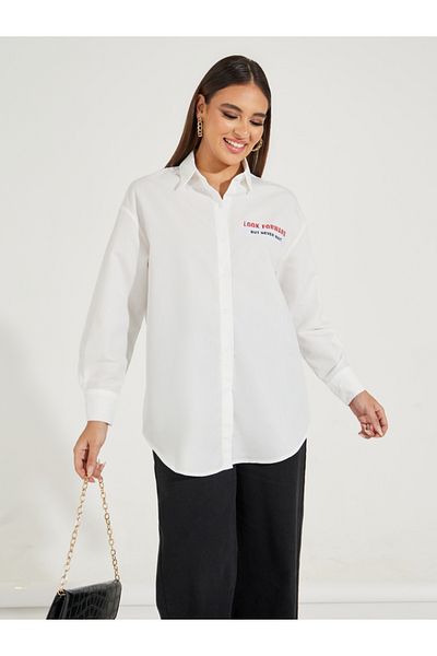 Styli Oversized Slogan Print Buttoned Shirt with Long Sleeves